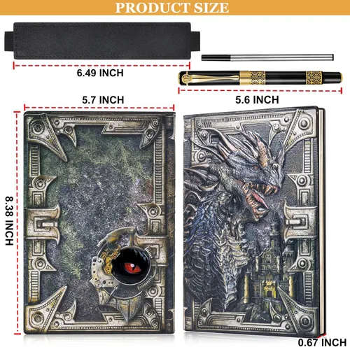 Vista 2 de DND Cuaderno de Dragón Diario de Cuero en Relieve 3D A5 Diario de Viaje Vintage con Bolígrafo y Funda para Bolígrafo, D&D Diario Diario Hecho a Mano