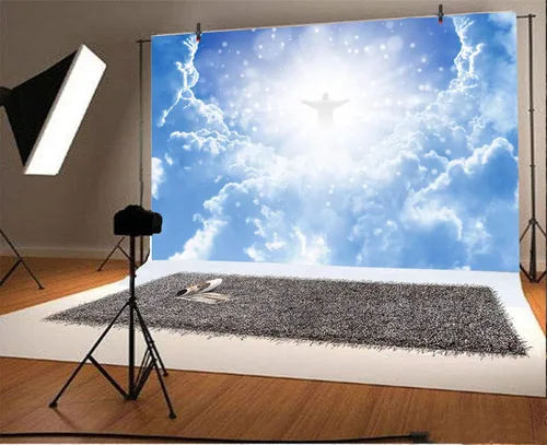 Vista 2 de Leyiyi Fondo de fotografía de Jesucristo en el cielo, 5 x 3 pies, paraíso Dios, lugar, cielo, nube, bokeh, halos, punto, pancarta sagrada, telón
