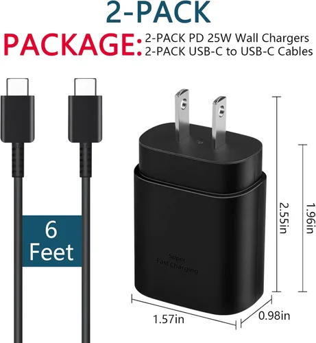 Vista 8 de AISNI Cargador USB C, paquete de 2 cargadores tipo C de 25 W, carga rápida con cable de carga USBC de 6 pies, carga de teléfono Android para Galaxy