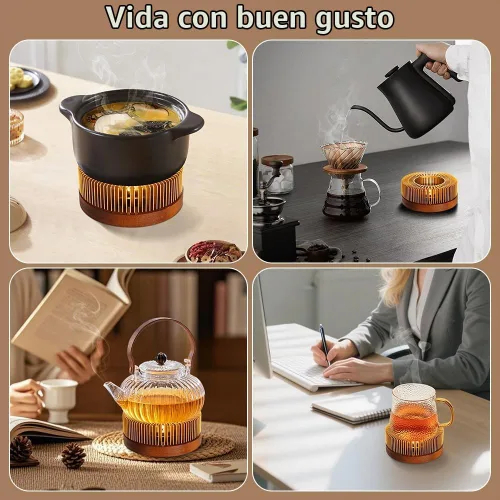 Vista 3 de Calderín de tetera, calentador de té de aluminio con base de madera, calentador de vela para calentar té, café, leche, alimentos, camping y viajes
