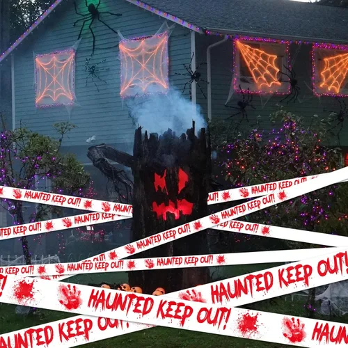Vista 5 de Cinta de precaución para decoración de Halloween, HAUNTED KEEP OUT rollo de precaución sangriento blanco de escena del crimen de 2 pulgadas x 82