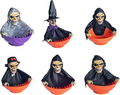 Vista 3 de Soporte de caramelo de esqueleto activado por movimiento espeluznante con calavera gritando y ojos rojos iluminados para decoraciones de Halloween