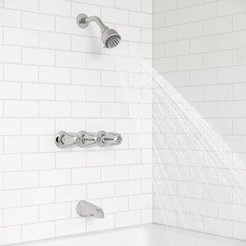Vista 5 de Pfister Grifo de bañera y ducha de 3 manijas con manijas de metal en cromo pulido