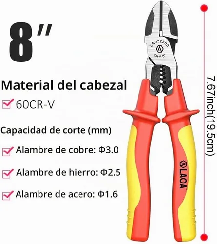 Vista 2 de LAOA Alicates de corte diagonal aislados de 1000 V, herramienta de corte de alambre profesional para electricista con pelacables y función