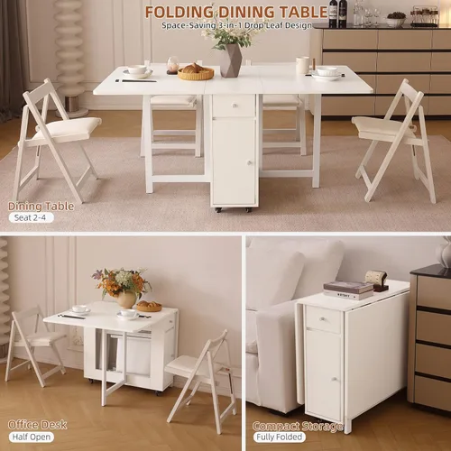 Vista 8 de COMUHOME Mesa de comedor plegable con almacenamiento para espacios pequeños Diseño plegable, 4 ruedas, 2 cajones y gabinete, madera contrachapada