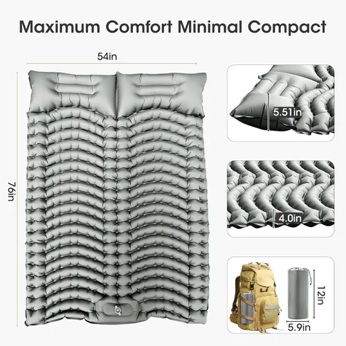 Vista 8 de Almohadilla de dormir doble autoinflable de 4 pulgadas de grosor para acampar de 2 personas, bomba de pie integrada, almohada ergonómica y diseño
