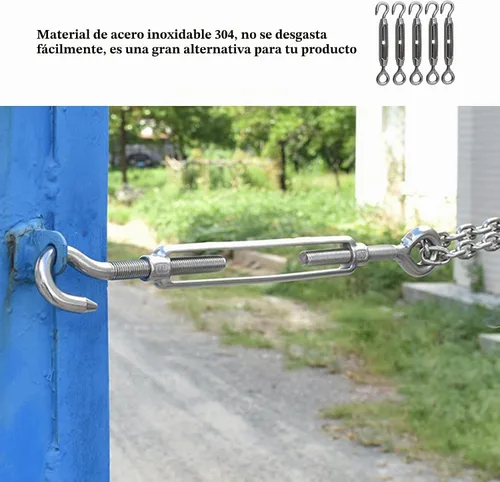 Vista 2 de M4, Tensor de cable de acero, gancho y ojo, acero inoxidable 304, paquete de 5