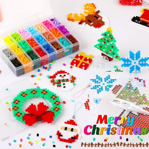 Vista 4 de AUGSUN Kit de cuentas de fusibles de Navidad, 5100 unidades + 24 colores para manualidades, juego de cuentas de fusión para niños, 12 estilos