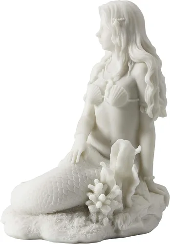 Vista 2 de JFSM INC. Sirena sentada en la playa - Estatua de escultura blanca