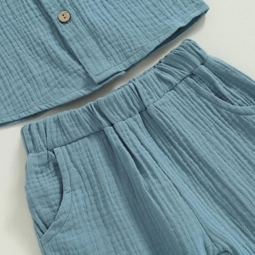 Vista 5 de Conjunto de ropa de algodón y lino de manga larga con botones y pantalones con cordón para bebé