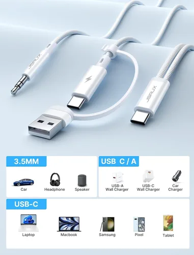 Vista 7 de JSAUX Cable de carga y auriculares USB C a 0.138 in, conector USB C a audio auxiliar 2 en 1 con PD de 60 W de carga rápida compatible con iPhone 15