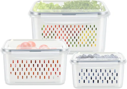 Vista 9 de TBMAXS Paquete de 4 recipientes de almacenamiento de alimentos para refrigerador con colador, herméticos, sin BPA, contenedor de plástico