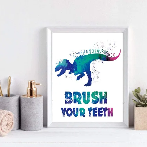Vista 2 de CHIEN-CHI LILI Juego de 4 impresiones artísticas de dinosaurio para baño con frase motivacional para niños, niñas, hijas, hijo, sobrino, póster
