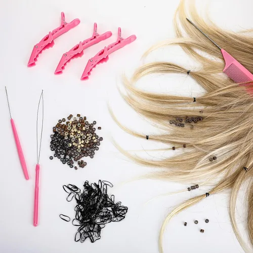 Vista 6 de Kit de herramientas de extensión de cabello de 16 piezas, alicates para quitar 2500 anillos de micro silicona, gancho para tirar de cuentas, aguja