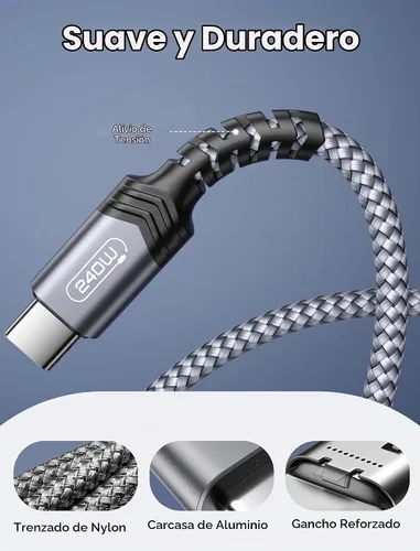 Vista 6 de JSAUX - Cable USB C a USB C de 240 W, cable USB C para iPhone 18 Pro, 6.6 Gris