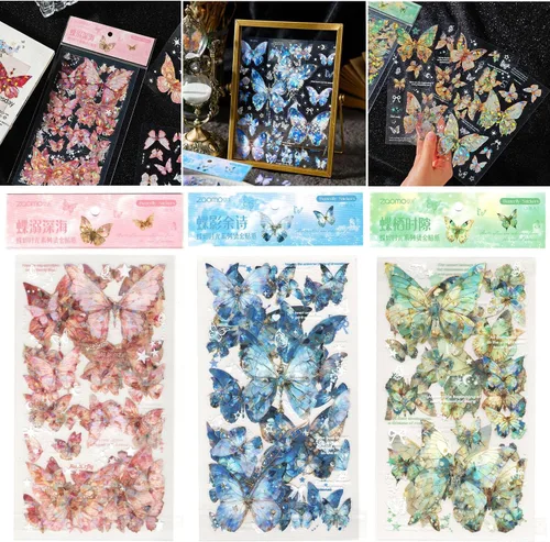 Vista 7 de Calcomanías de mariposa (18 hojas/más de 500 piezas) coloridas holográficas con purpurina para PET, calcomanías transparentes para álbumes