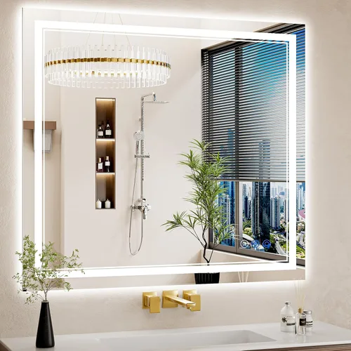 Vista 23 de Espejo de baño LED de 22 x 30 pulgadas con luces, antiniebla, retroiluminado + luz frontal, regulable, espejo de tocador LED para pared, espejo