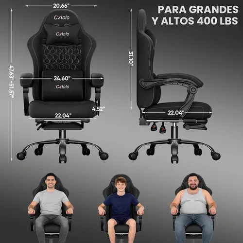 Vista 2 de Czlolo Silla de juegos grande y alta de tela con reposapiés extendido Negro