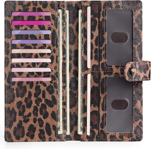 Vista 8 de Unilily Cartera delgada para mujer, con bloqueo RFID, de piel vegana, plegable, tarjetero con 2 ventanas de identificación y bolsillo con Lila