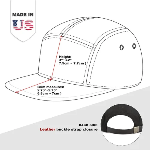 Vista 8 de The Hat Depot Hecho en Estados Unidos de sarga de algodón 5 paneles de ala plana de cuero genuino latón Biker Board Cap Negro