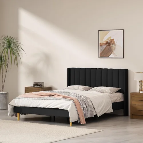 Vista 16 de Marco de cama tapizado de terciopelo individual con cabecera con respaldo de ala, color crema Cama de plataforma capitoné de canal vertical