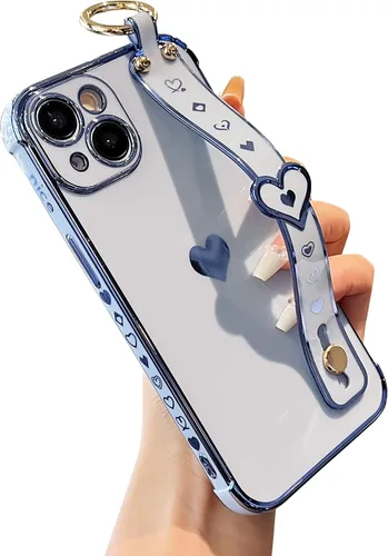 Vista 17 de DEFBSC Funda compatible con iPhone 15, con borde galvanizado, diseño de corazón con correa para la muñeca, protección completa de la cámara