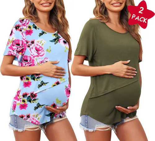 Vista 2 de Ekouaer Camisetas de lactancia de manga corta para mujer, de doble capa, tallas S-XXL