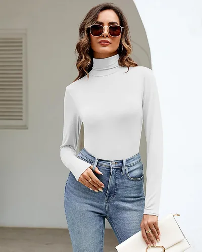 Vista 4 de Ficerd Paquete de 2 camisas de cuello alto para mujer, manga larga, cuello alto, ajustadas, suaves, elásticas, térmicas, básicas, sin botones