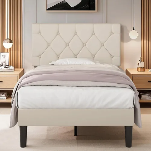 Vista 13 de VECELO Base de cama tamaño completo con cabecera capitoné con botones, plataforma tapizada con soporte de listones de madera, no necesita somier