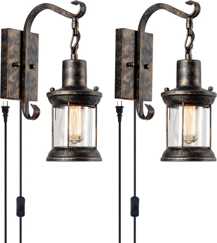 Vista 8 de GLADFRESIT Lámparas de pared rústicas, aplique de pared tipo farol enchufable, apliques de pared antiguos negros, luminarias de iluminación de pared