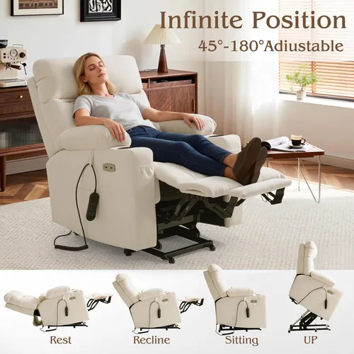 Vista 7 de Silla reclinable eléctrica para personas mayores con reposapiés extendido, silla reclinable plana de posición infinita para adultos con masaje