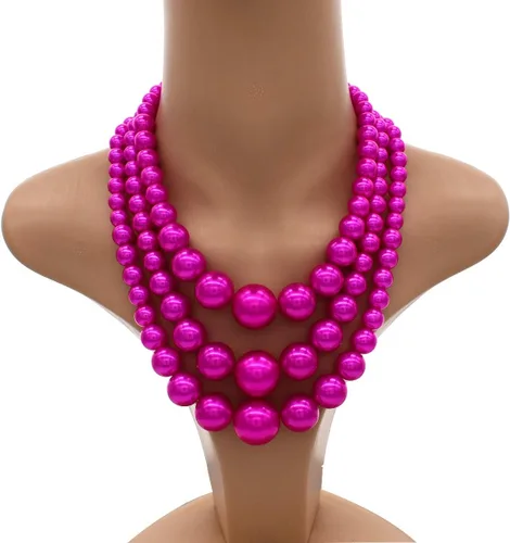Vista 5 de JNF Juego de collar y aretes de perlas sintéticas, collar de disfraz de perlas gruesas y grandes