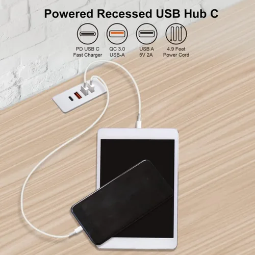 Vista 4 de Enchufe USB C con enchufe empotrado USB C Power Strip Outlet con carga rápida 4 puertos USB 20W montado en la cama escritorio mesa sofá (blanco)