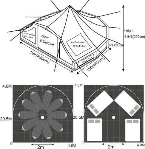 Vista 4 de Tienda de campaña grande impermeable de 4 estaciones de lona de algodón Glamping Yurt con agujero de gato de estufa para 6-8 personas Camping Caza