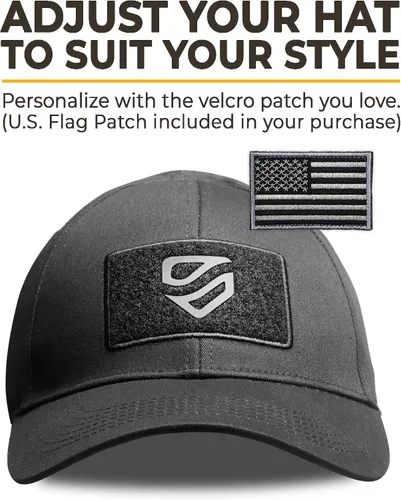 Vista 5 de TradeSmart Sombrero táctico negro con velcro para hombres y mujeres, gorra de béisbol con bandera estadounidense + parche de bandera estadounidense