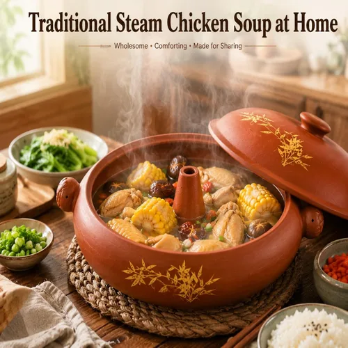 Vista 3 de XICHENGSHIDAI Yunnan Zisha - Olla de vapor de cerámica, olla de vapor de arcilla morada de 1.5 cuartos de galón con tapa, cazuela tradicional
