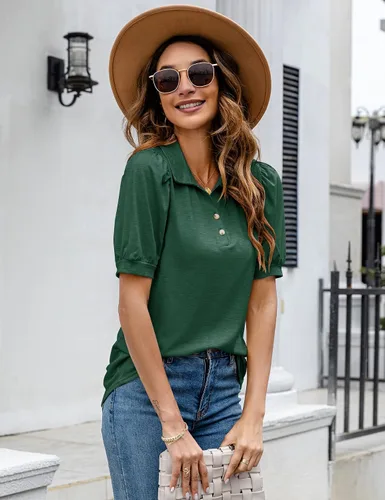 Vista 4 de LOMON Camisas polo para mujer, con cuello en V, manga corta, cuello en V, holgadas