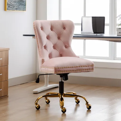 Vista 8 de Moderna silla giratoria de terciopelo, silla de escritorio de maquillaje copetuda con ruedas y base dorada, cómoda silla de escritorio tapizada