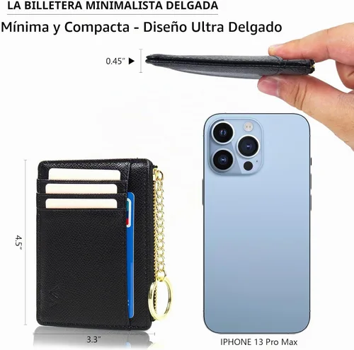 Vista 5 de Valentoria Cartera delgada con bloqueo RFID, titular de tarjetas, monedero de bolsillo pequeño, llavero, cremallera, monedero mini para efectivo