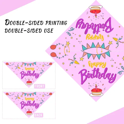 Vista 4 de Pañuelo de feliz cumpleaños para perro, bufanda lavable para mascotas, pañuelo triangular ajustable, impresión de doble cara, rosa, globo de pastel