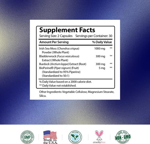 Vista 7 de Research Verified Musgo marino irlandés - Bladderwrack, bardana, bioperina, rico en prebióticos, aumenta la inmunidad, ayuda a la digestión - 60
