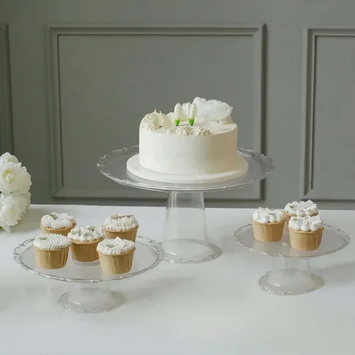 Vista 17 de Efavormart - Paquete de 2 elevadores de plástico transparente de 12 pulgadas con borde dorado para cupcakes y postres, soporte desechable para tartas