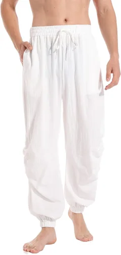 Vista 2 de perdontoo Pantalones de yoga casuales de algodón y lino con cordón de cintura elástica para hombre