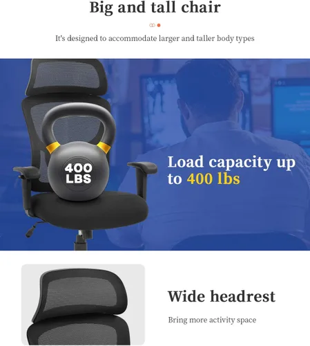 Vista 7 de Silla de oficina ejecutiva grande y alta, resistente, 400 libras, silla de escritorio para computadora, ergonómica, respaldo alto, silla de malla