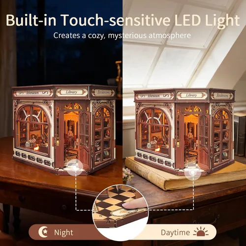 Vista 2 de BELEEV Kit de rincón de libros – Librero de madera en miniatura con luces LED, puerta que se puede abrir, rompecabezas 3D, decoración de estantería