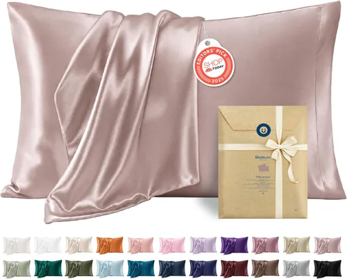 Vista 31 de Bedsure Paquete de 2 fundas de almohada de satén similares a las fundas de almohada de seda tamaño estándar, funda de almohada para mujeres que