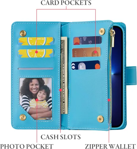 Vista 3 de UEEBAI Funda para iPhone 13 de 6.1 pulgadas, Cartera de piel sintética retro a prueba de golpes con función de soporte de ranuras para tarjetas Azul