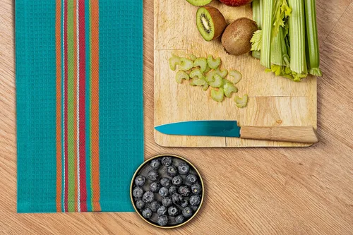 Vista 6 de Cotton Craft - Paquete de 12 paños de cocina con rayas salsa multicolores 100 por ciento naturales, de 16" x 28" 16x28 inch Multi - Absorbent