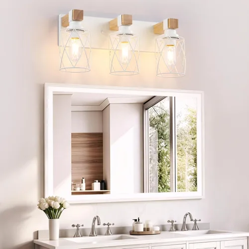 Vista 5 de Farmhouse 3-Light Wood Bathroom Vanity Light, White Metal Cage Shade