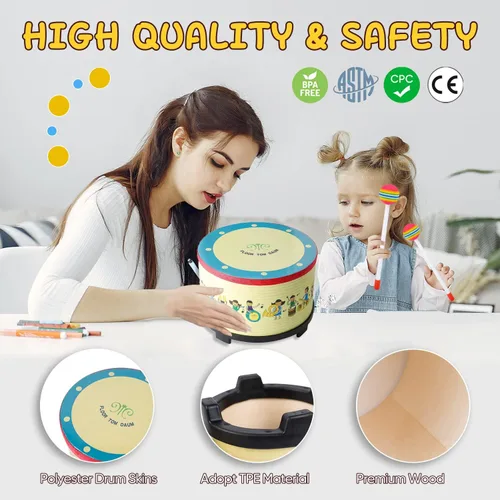 Vista 2 de Tambor Tom de piso de 8 pulgadas con 2 mazos y 2 pares de baquetas 5A de madera para regalo de cumpleaños infantil